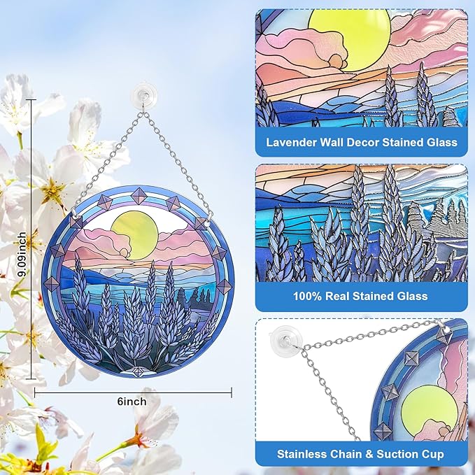 6’’ Lavender Suncatcher Stained Glass - Sun Catcher with Mountain Stained Glass Window Hanging, Suncatchers for Windows Hanging, Lavender Wall Decor, Suncatcher Gifts for Women/Friends/Lover