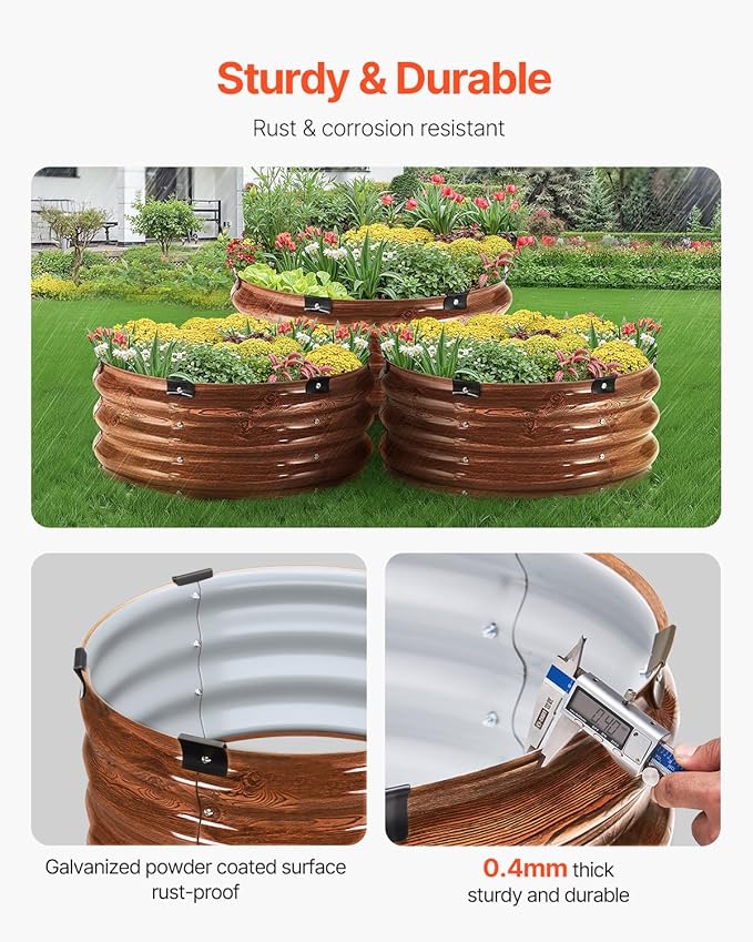 VEVOR 3 Pcs 2x2x1ft Round Galvanized Raised Garden Bed Kit, Outdoor Metal Raised Beds for Gardening Vegetables, Easy Assembly Garden Planter Box for Flowers Fruits with Open Base