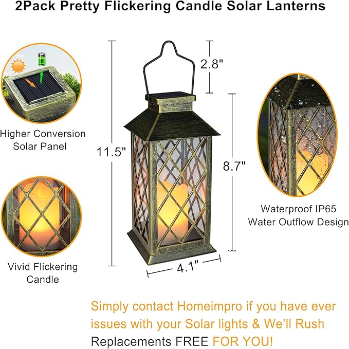 2Pack 11" Outdoor Solar Lanterns Waterproof Garden Patio Lantern Lights Flickering Candle Mission for Outside, Party, Yard, Lawn, Mothers Day Gifts Garden Gifts for Mom Women (Antique Green Bronze)