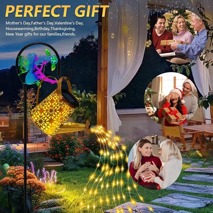 Solar Lights Garden Decorative, Solar Watering Can with Cascading Lights, Waterproof Metal Lantern with Fairy Shepherd Hook, Outdoor Decor for Yard, Patio, Lawn, and Pathway, Gardening Gifts for Mom