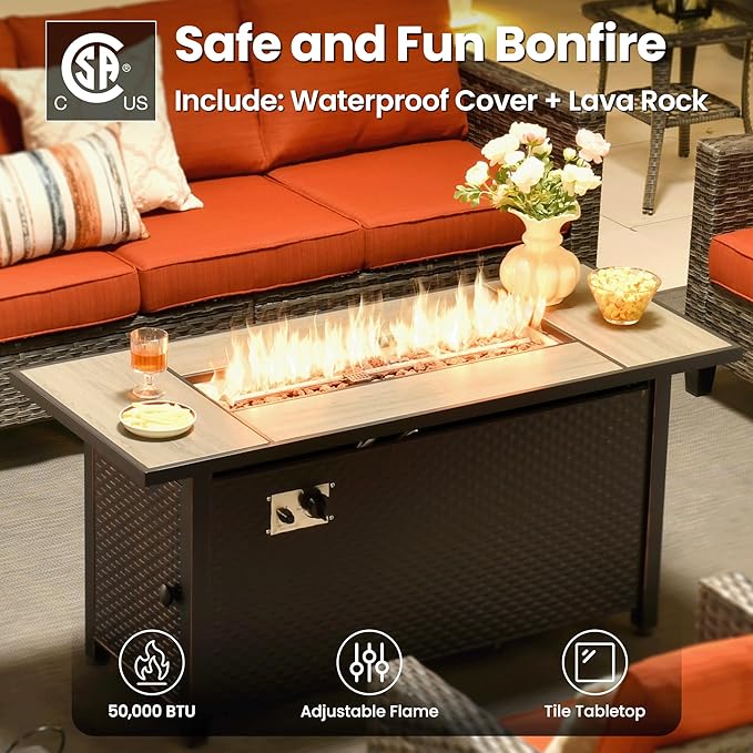 ovios 6 Pieces Patio Furniture Set with 54" Fire Pit Table, Outdoor Wicker Sofa with Comfy Cushions, All Weather High Back Rattan Couch Conversation Set, Orange Red