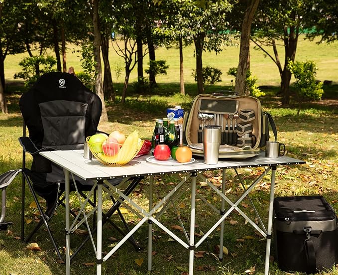 EVER ADVANCED Camping Table, Fold up Lightweight, 4-6 Person Portable Roll up Aluminum Table with Carry Bag for Outdoor, White