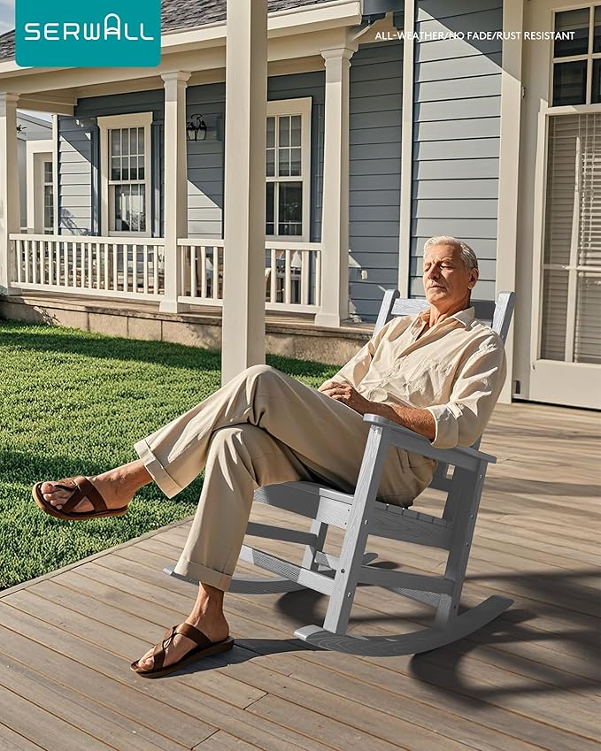 SERWALL Oversized Outdoor Rocking Chair Set of 4, HDPE Rocker for Adults, Patio Rocking Chairs for Porch, Sliver Gray