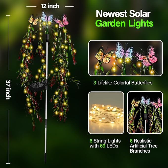 Outdoor Solar Lights for Yard Decorative, 69LED Tree Swaying Solar Garden Lights Outside Waterproof, Flower Solar Power Fairy Light Butterfly Decor for Patio Lawn Landscape Decorations