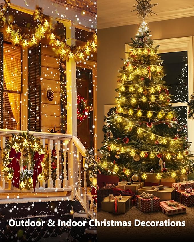 Brightown Solar Christmas Snowflake String Lights, 72FT 200 LED Outdoor Waterproof Fairy Lights with 8 Lighting Modes for Wedding, Party, Tree, Room, Garden, Patio, Yard, Home, Warm White