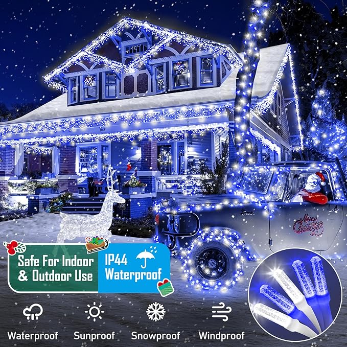 Heceltt 360 LED 118 FT String Lights Outdoor, 8 Modes Christmas Lights, IP44 Waterproof Christmas Tree Lights with Timer and Memory for Xmas Yard Party Home Garden Decorations (Blue and White)
