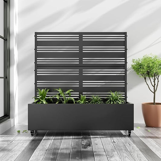 Casaphoria Metal Raised Garden Bed with Trellis and Wheels, 47"x47"x16" Planter Box for Climbing Plants, Vegetables & Vines, Features Drainage Holes and Privacy Screen (Black-Harold)
