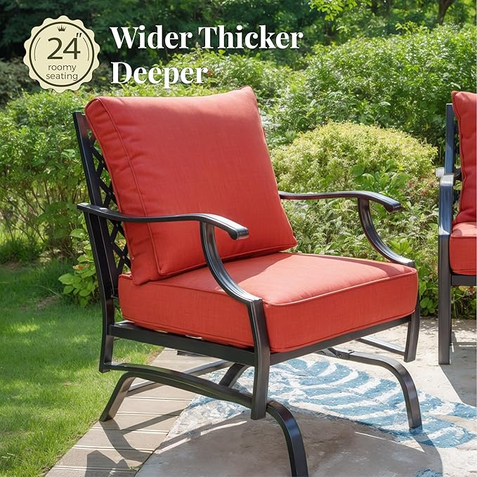 Patio Furniture Set with Fire Pit Table, 5 Pcs Metal Outdoor Conversation Set, 4 Rocking Chairs with 5.75" Extra Thick Cushion and 28" Fire Pit Table for Backyard Deck, Red