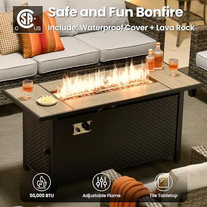 ovios 7 Pieces Patio Furniture Set with 54" Fire Pit Table, Outdoor Wicker Sofa with Comfy Cushions, All Weather High Back Rattan Couch Conversation Set, Grey