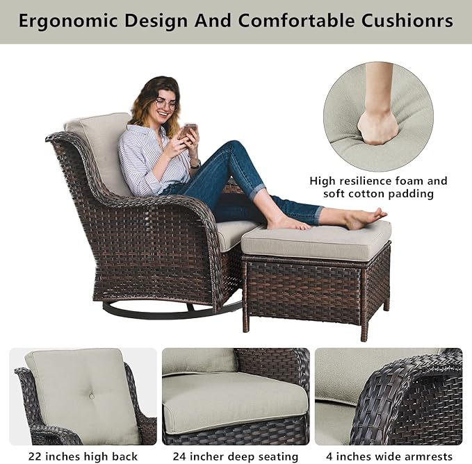 Wicker Outdoor Furniture Patio Furniture Set - 6 Piece Patio Conversation Set with Swivel Rocker Chairs, Loveseat Sofa, Ottomans and Coffee Table, Beige Cushion