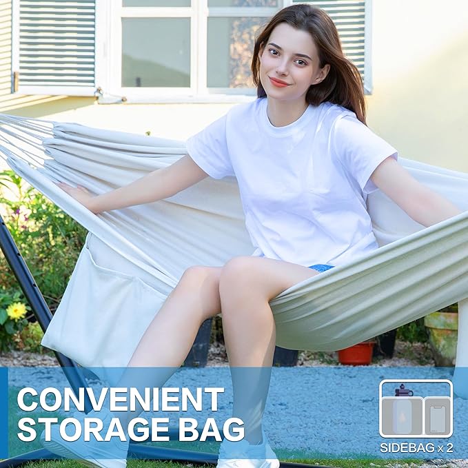 PNAEUT Double Hammocks with Stand for Outside, Portable Space Saving Heavy-Duty Steel Stand for Indoor Outdoor Patio with Carrying Bag, 450 lbs Capacity (Beige)