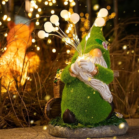 mopha Garden Gnomes Statues Outdoor Decor, Funny Solar Powered Fairy Firefly Lights Lawn Ornaments, Resin Figurines Outside Decoration Clearance Gardening Gift