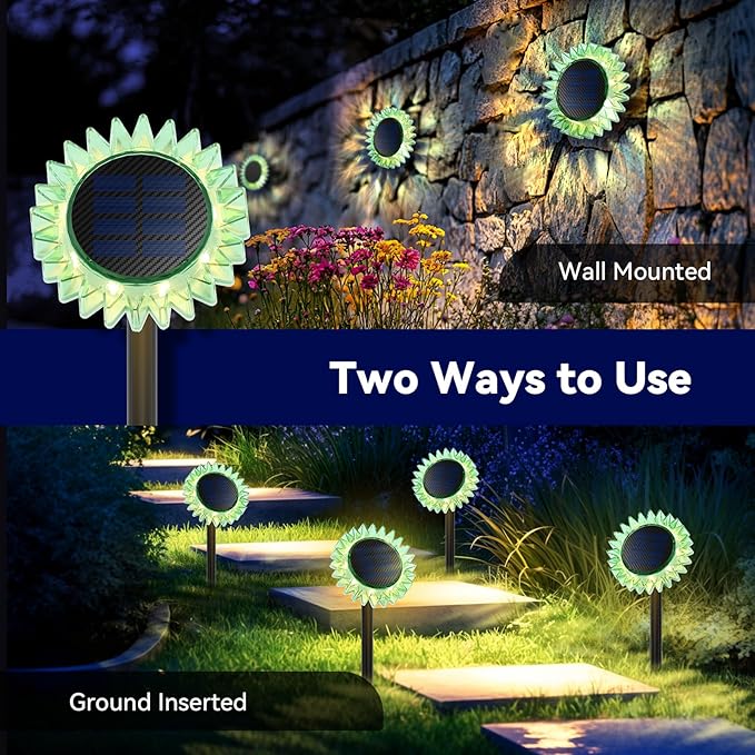 Outdoor Solar Lights, 6 Pack Led Solar Sunflower Lights, Stake/Wall 2-in-1 Waterproof Solar Garden Lights for Yard, Landscape, Fence, Patio, Driveway, Pathway, Backyard Decoration (Warm White)