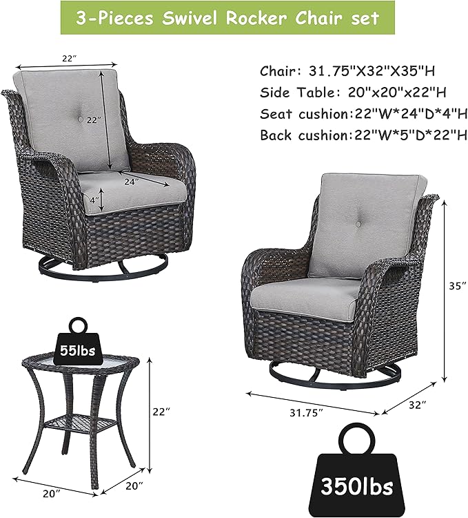 Outdoor Patio Swivel Rocker Chairs - 3 Piece Patio Bistro Set,Wicker Patio Furniture Set with 2 Swivel Rocking Chairs and 1 Glass Top Side Table for Deck Porch Garden,rown/Grey