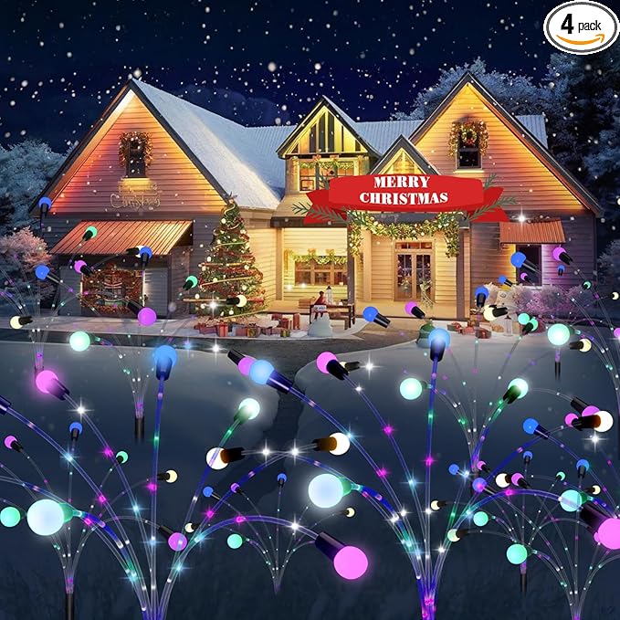 Solar Garden Lights Christmas Decorations, Upgraded Solar Lights Outdoor, 4-Pack Solar Swaying Light-Sway by Wind, 32 LED Firefly Lights Solar Outdoor for Yard Christmas Decor (Colorful)