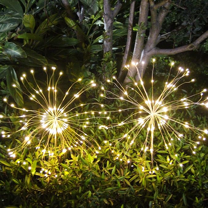 Solar Garden Firework Lights Outdoor Waterproof 2 Pack Solar Powered Art Stake Twinkle Lighting for Outside Decor, 120 LED Sparklers String Lights for Yard Party Decorations (Warm White)