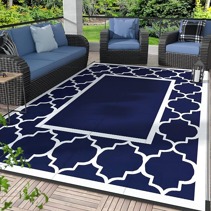 GENIMO Outdoor Rug 8' x 10' Patio Waterproof, Foldable Reversible Plastic Straw Area Rugs Mat for Camper Decor, Outside Carpet for Rv, Deck, Porch, Picnic, Beach, Balcony, Blue & White