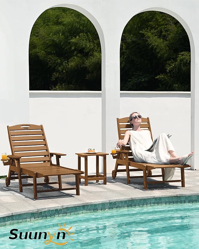Lounge Chair Outdoor, Chaise Lounge, HDPE 6-Position Outdoor Chaise Lounge, Patio Lounge Chair with Wheels & Cup Holder for Pool Poolside Deck Backyard, Teak