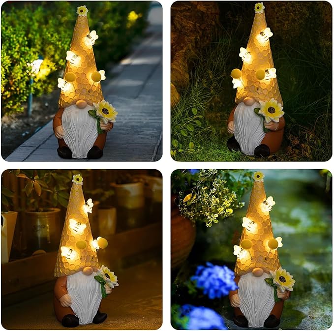 pearlstar Garden Gnome Statues Bee Solar Light 10.2" Tall Large Resin Figurine Outdoor Funny Home Yard Patio Decoration Fall Thanksgiving