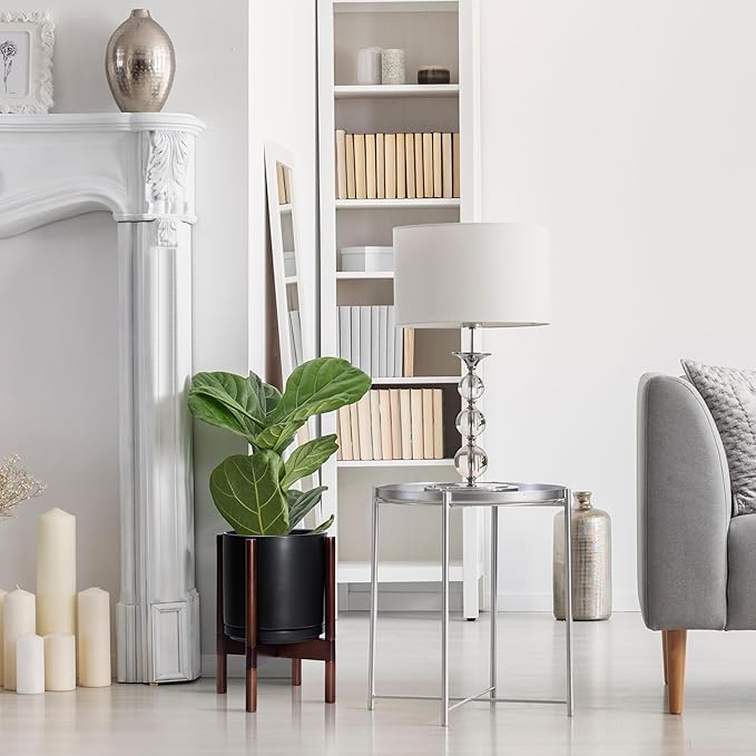 D'vine Dev Ceramic Planter with Walnut Color Stand - 10 Inch Modern Round Flower Pot with Wood Planter Holder, Black, 55-B-X-2