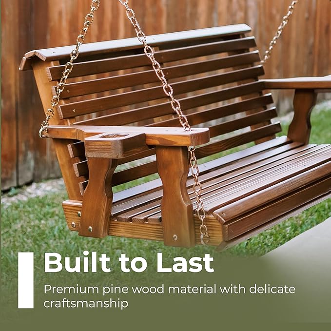 Amish Casual 3 Foot Roll Back Porch Swing with Cup Holders in Cedar Stain - Amish Made in The USA from Treated Pine Heavy Duty 700 Lb. Weight Capacity