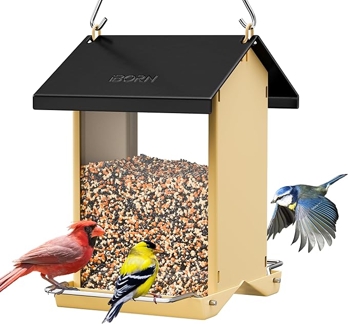 iBorn Bird Feeders for Outdoors,Bird House Feeder with Weatherproof Metal Roof & 8 Drain Holes,Fully Detachable Birdfeeder Design,Easy Clean & Refill,Chew-Proof PC Windows,1.5 Lbs Capacity,Black Roof