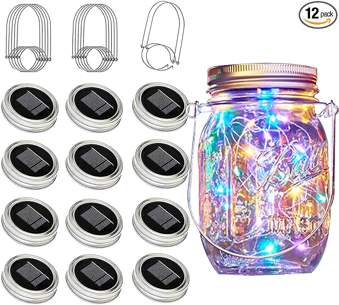 Solar Mason Jar Lights, 12 Pack 30 LED Waterproof Lid Light with Hangers (No Jar), Fairy Firefly Outdoor String Lights for Regular Mason Jar, Patio, Yard, Garden, Wedding Decoration (4 Colors)