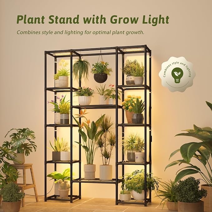 Plant Stand Indoor with Grow Lights Large Plant Shelf Plant Cabinet Hanging Plant Rack Metal Plant Holder for Multiple Plants for Living Room Patio Balcony Garden Black