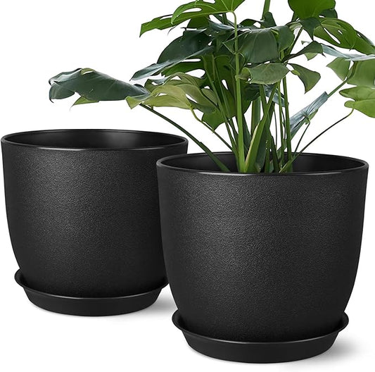 Plant Pots 8 Inch Set of 2, Flower Pots with Multi Mesh Drainage Holes, Planters for Indoor Outdoor Garden Plants and Flowers (Black)