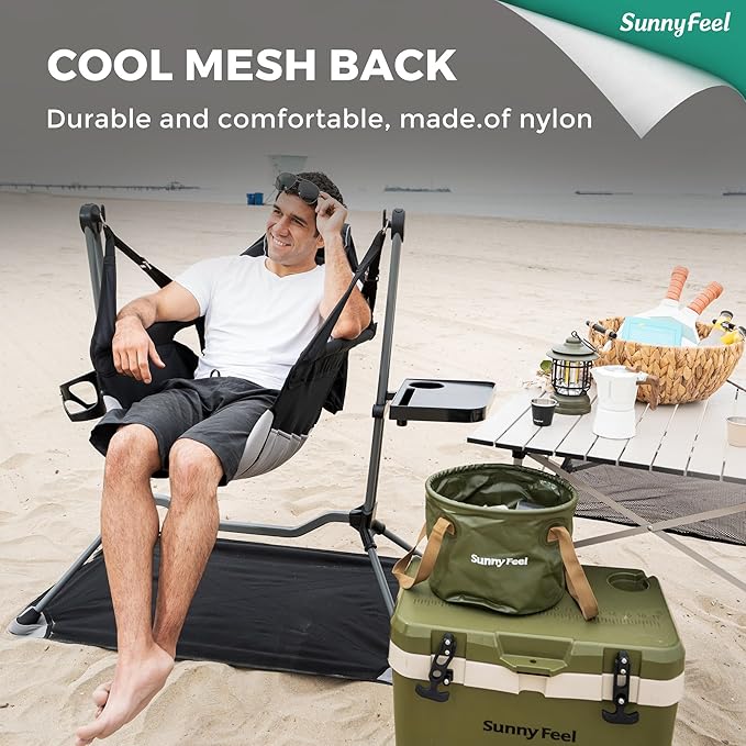 SUNNYFEEL Hammock Camping Chair, Oversized Swinging Camping Chair, Portable Hammock Chairs with Cup Holder, Beach Mat, MAX 300lbs Heavy Duty for Outdoor Travel Lawn Backyard Beach (Black)