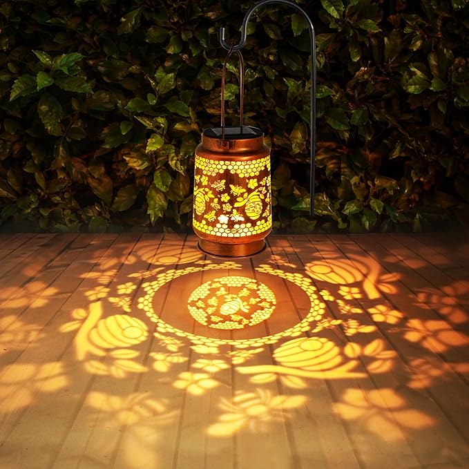 Solar Lanterns Outdoor Garden Decor, Gifts for Women, Mom, Grandma, Birthday, Thanksgiving, Decorative Waterproof Hanging Metal LED Light for Yard, Patio, Lawn, Landscape, Backyard (Bee)