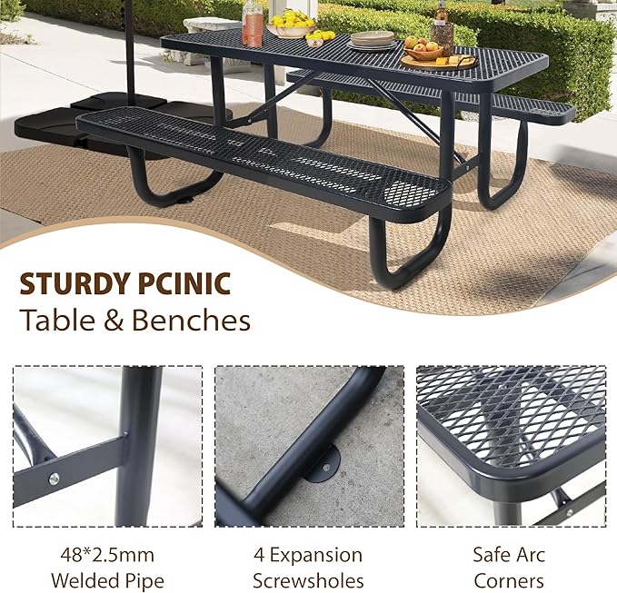 6FT Metal Picnic Tables for Outdoors, Commercial Rectangular Picnic Table and Bench Set for Outside, Patio, Garden, Backyard, Porch, Surface Mount, Black