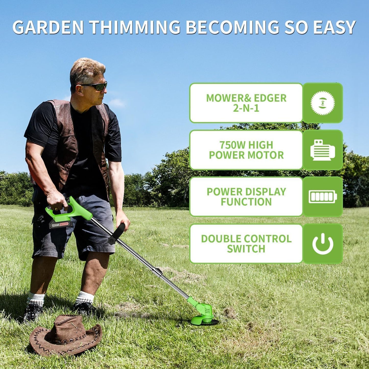 Electric Weed Wacker,Weed Eater on Battery Operated,Comes with Two 24V Batteries and Three Different Types of Blades,3 in 1 Trimmer Lawn/Cordless Trimmer for Lawn Yard Garden (Green)