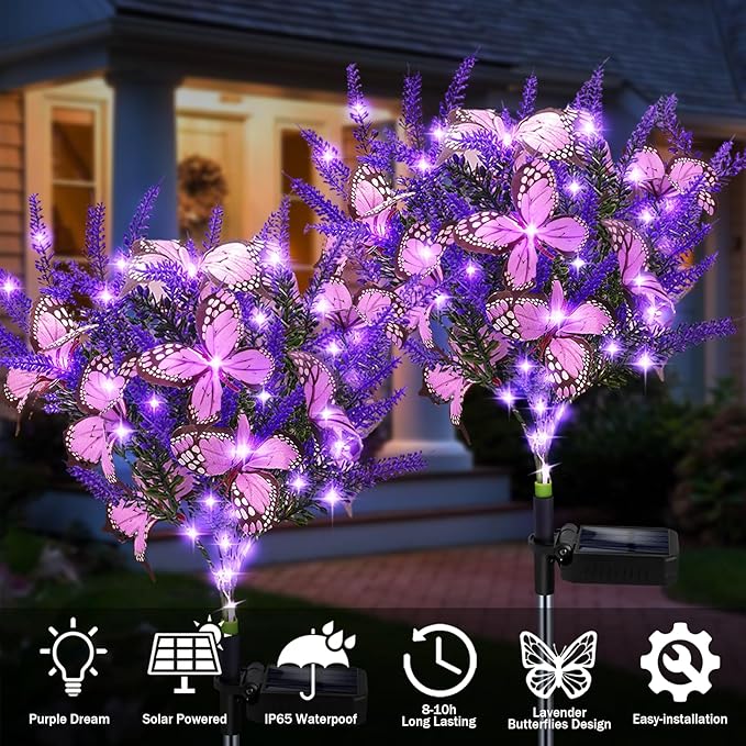 Solar Garden Lights Outdoor, 4 Pack Purple Lavender Solar Butterfly Lights Gardening Gifts for Women, Purple Artificial Flower with Butterfly Garden Decor for Lawn Patio