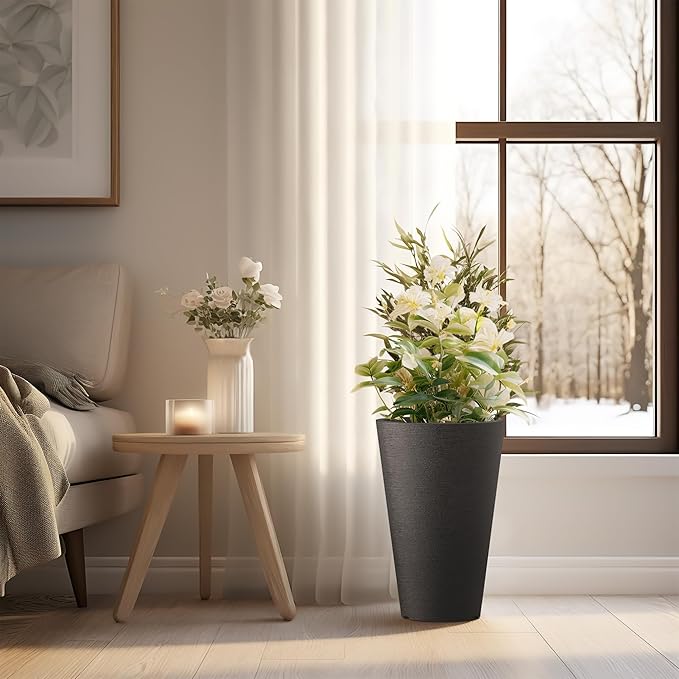 Kante Tall Round Planter Set of 2, 13 Inch Tall Decorative Planter Pots for Outdoor Indoor Garden Patio Front Porch (Black)