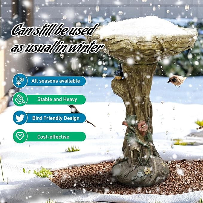 SunJet 25.5 Inch Heigh Wood-Look Concrete Bird Bath with Decorative Faux Bird – birdbath Rustic & Long-Lasting Design, Enhances Garden, Patio, Yard, Lawn Décor