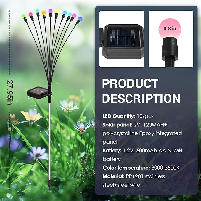 Solar Firefly Garden Lights - 60 LED Outdoor, Wind Sway, Waterproof for Yard, Patio, Pathway (6 Pack)