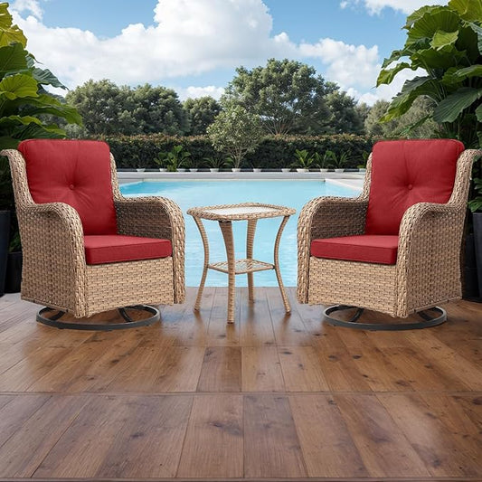 Outdoor Patio Swivel Rocker Chairs - 3 Piece Patio Bistro Set,Wicker Patio Furniture Set with 2 Swivel Rocking Chairs and 1 Glass Top Side Table for Deck Porch Garden,Yellow/Red