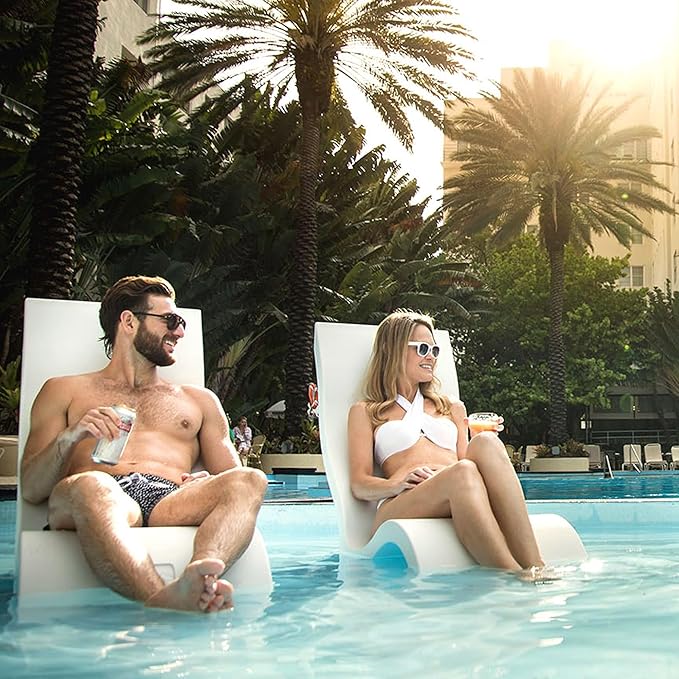 Ledge Lounger Signature Chair Set - Two Chairs - Ice Bin Side Table - in-Pool - On-Deck - Water Depths 0-9” - All Types - Resin Water Chairs - Pool, Sundeck, Outdoor Patio (Granite Grey)