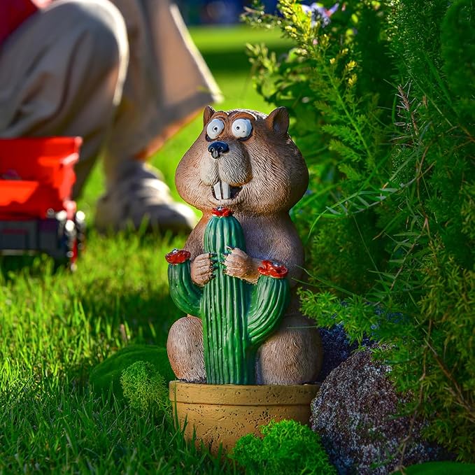 Solar Groundhog Garden Statue with LED Lights - Resin Cactus Planter Ornament for Outdoor Decor, Lawn, Patio, Yard, and Balcony, Unique Garden Gift for Women, Mom, and Grandma