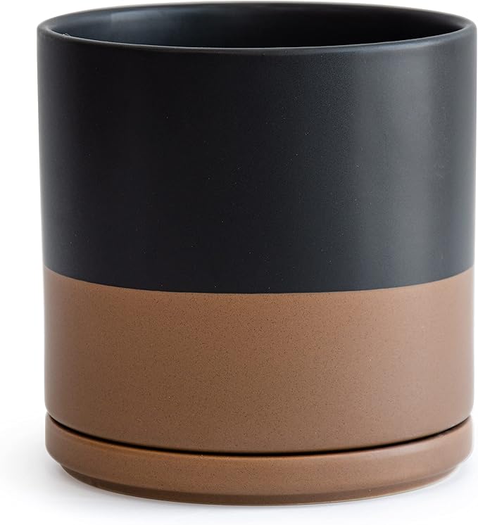 D'vine Dev 10 Inch, Ceramic Planter Pot with Drainage Hole and Saucer, Indoor Cylinder Round Planter Pot, Black/Speckled Tan, 94-O-E-7