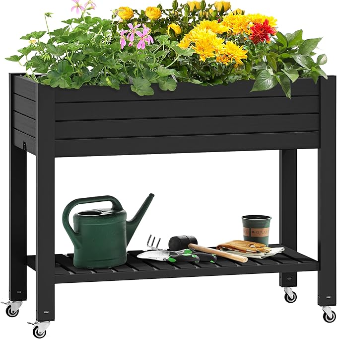 YITAHOME 43.3x17.7x34 in Elevated Garden Bed, Outdoor Plastic Planter Box with Wheels, Legs, Drain Plug, and Storage Shelf for Plants, Vegetables, Flowers, Herbs, Black