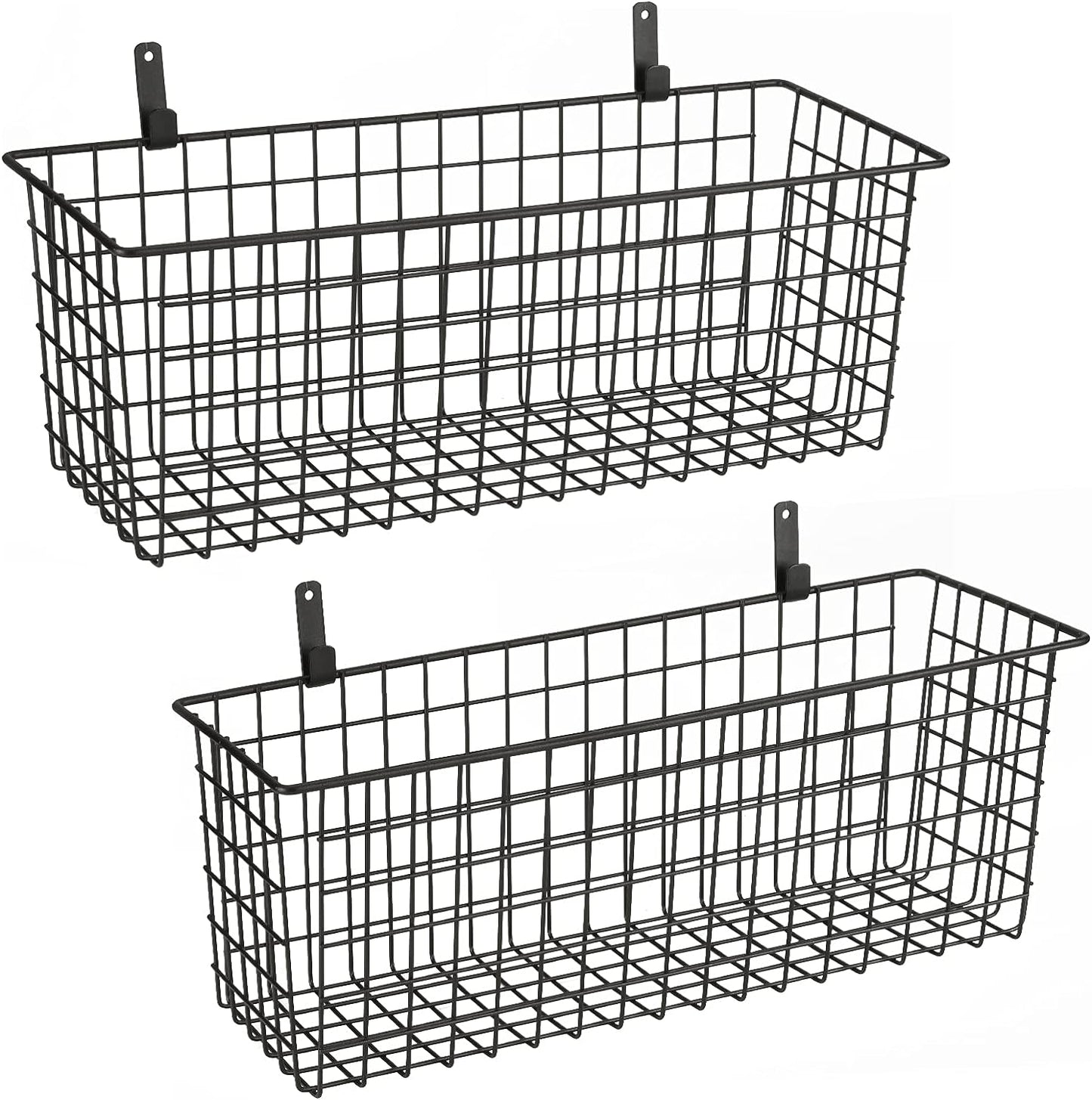 2 Sets Extra Large Hanging Wall Basket, Black Metal Wire Baskets with Steel Hooks for Organizing, WallmountedFruit Vegetable Toy Snack Storage, Home Kitchen Bathroom Laundry Pantry Organizer