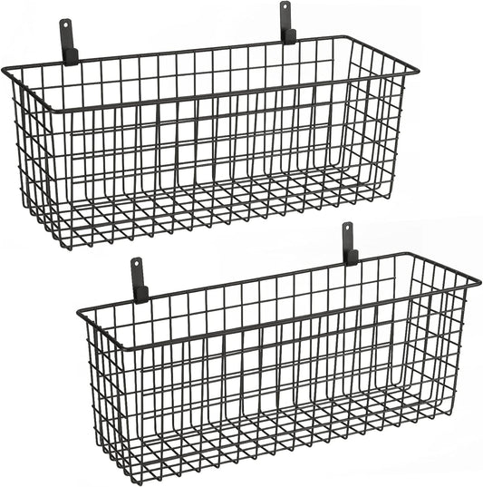 2 Sets Extra Large Hanging Wall Basket, Black Metal Wire Baskets with Steel Hooks for Organizing, WallmountedFruit Vegetable Toy Snack Storage, Home Kitchen Bathroom Laundry Pantry Organizer