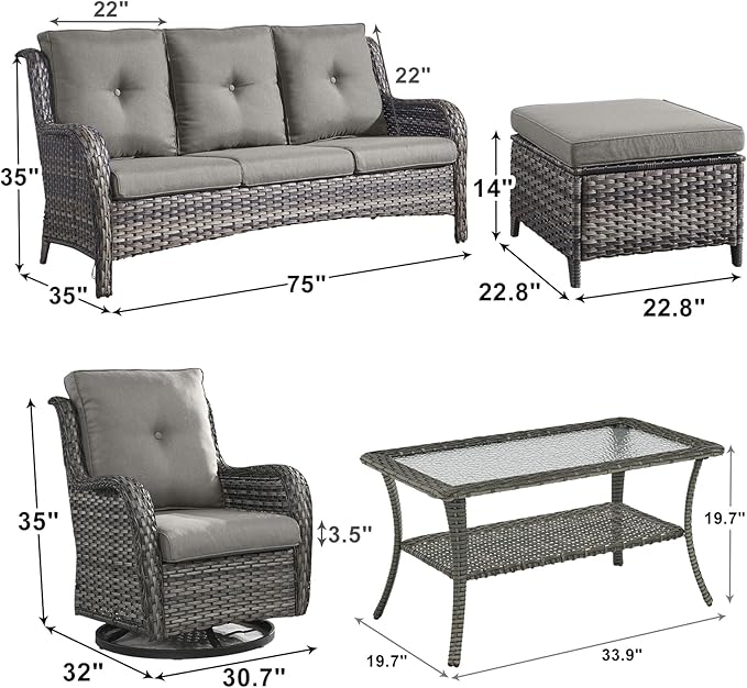 Outdoor Wicker Patio Furniture Set - 6 Piece Rattan Patio Conversation Set with 2 Rocking Swivel Chairs,2 Ottomans,1 Sofa and 1 Coffee Table for Porch Deck Backyard Garden(Mixed Grey/Grey)