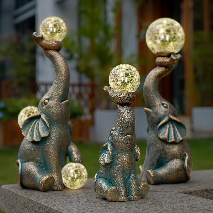MININOVA Garden Decor Outdoor Statues Elephant with Cracked Glass Ball, Cute Solar Figurine for Patio, Lawn, Yard Art Ornament Decorations (8 LED Lights)