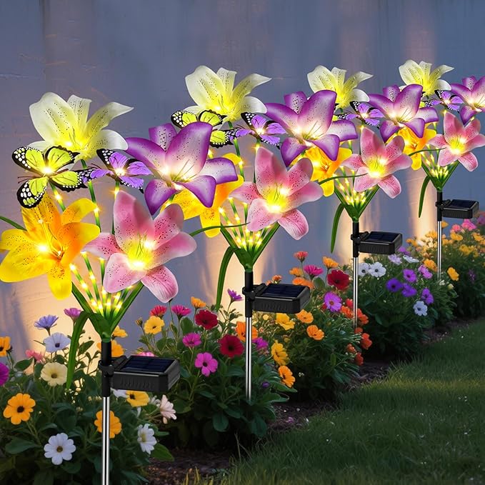 Solar Garden Lights Outdoor, 4 Pack Flower Lights for Outside, 16 Solar Lilies with Butterflies, Waterproof Garden Decor for Yard, Patio, Gifts for Women Mom (4 pcs Lilies)