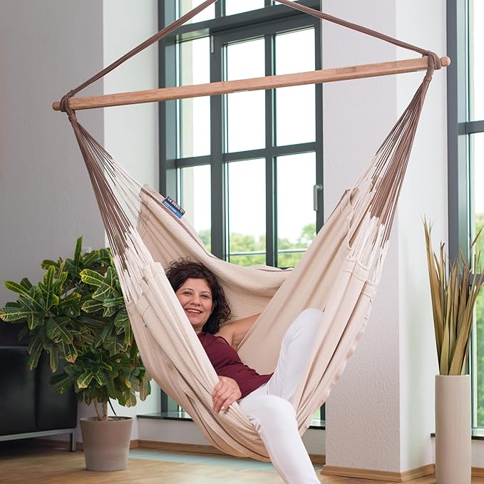 LA SIESTA - XL King Habana Cotton Hammock & Romano Steel Stand - Indoor Outdoor Hanging Hammock Swing for Bedroom Porch Balcony - Boho Hanging Chair - Nougat