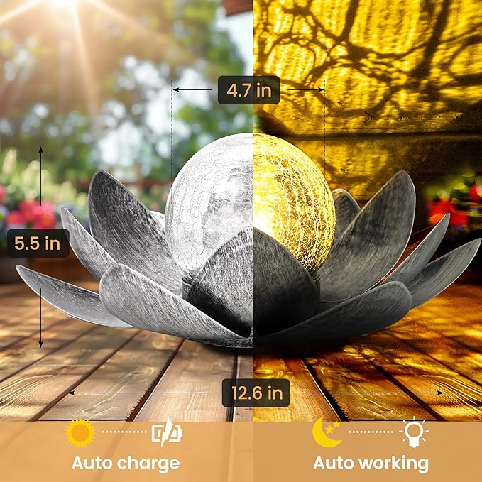 GIGALUMI Solar Light Outdoor Garden Decor, Lotus Flower Light Crackle Globe Glass Lantern Outdoor Table Decor Waterproof for Patio, Lawn, Pathway, Pool, Pond (Grey Petal)