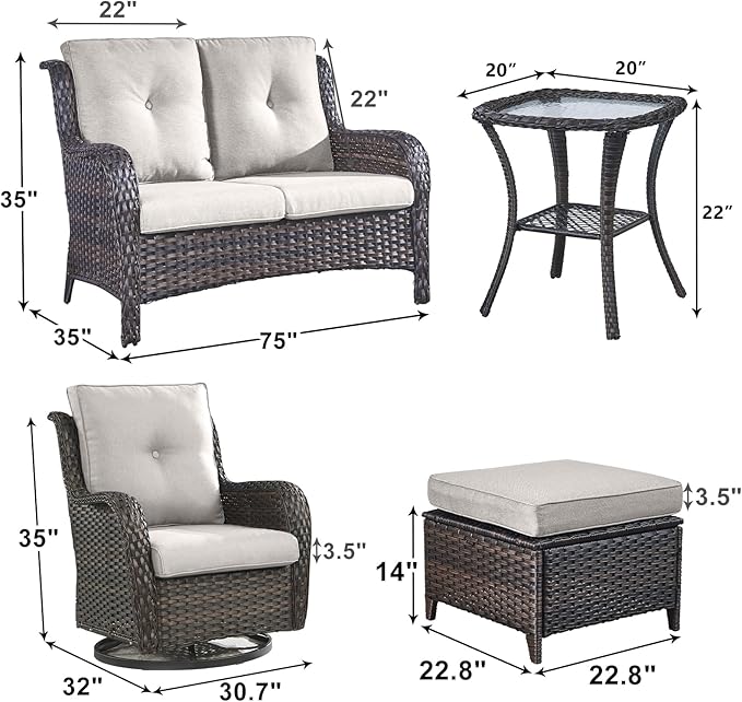 Outdoor Wicker Patio Furniture Set - 6 Piece Rattan Patio Conversation Set with 2 Rocking Swivel Chairs,2 Ottomans,1 Loveseat and 1 Side Table for Porch Deck Backyard Garden(Brown/Beige)